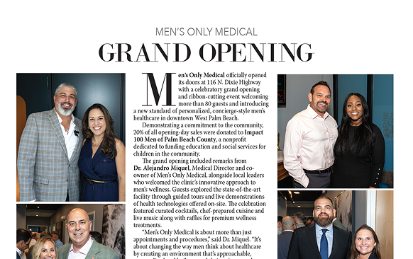 Collage of four photos around a center article about the grand opening of Men’s Only Medical, showing smiling attendees at the event.